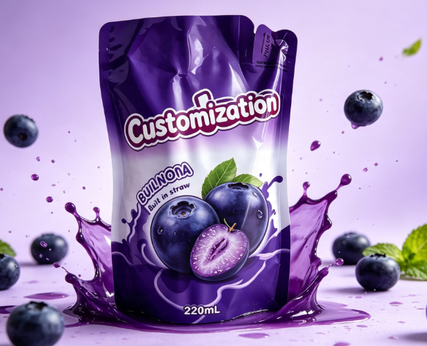 Multi Flavours 220 ml sisäänrakennetut olkipuristetut pussit Mukautetut hedelmäsose- ja mehupakkauspussit