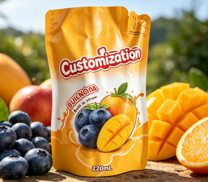 220 ml Mango-hedelmäsose Sisäänrakennetut olkipussit Mukautetut painetut juomapakkauspussit